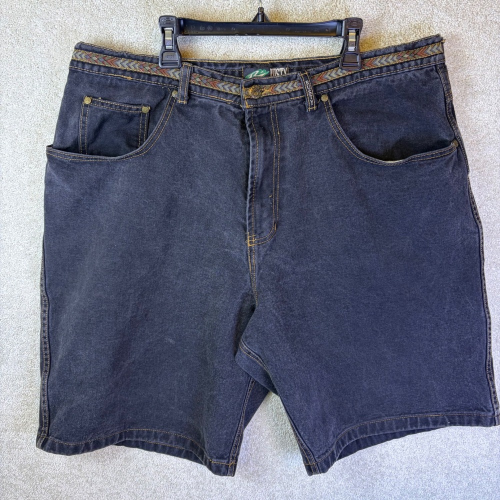 Rusty Denim Shorts Mens 38 Black Vintage 90s Made in USA Aztec Trim‎ Jorts 10"